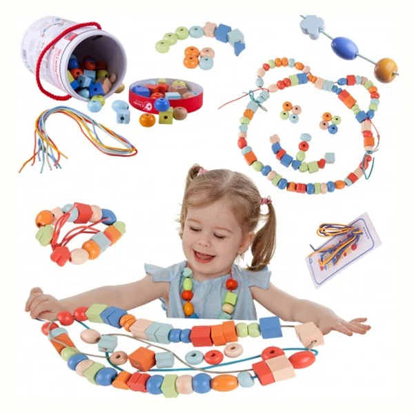 DREWNIANE KORALIKI KLOCKI NAWLEKANKA SZNUROWANKA DIY 96 el. CLASSIC WORLD