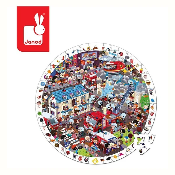 Janod Puzzle obserwacyjne w walizce Straż pożarna - 208 elementów (okrągłe)