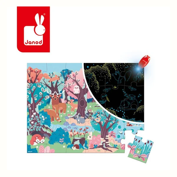 Janod Świecące puzzle z lampką UV - Las (24 elementy)