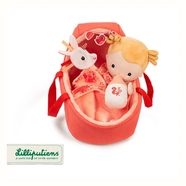 Lilliputiens Lalka dzidziuś Lena w gondoli z komforterem i butelką mleka