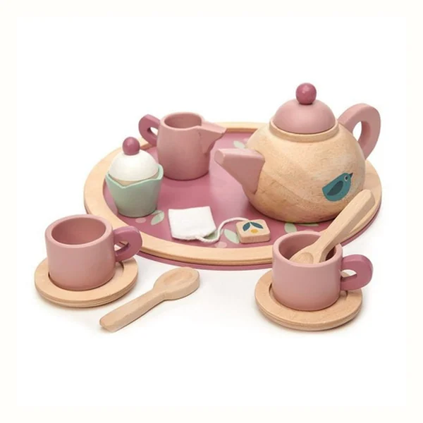 Tender Leaf Toys Drewniany serwis do herbaty (różowy, z ptaszkiem)